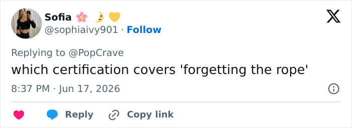 A social media post from 'Sofia' about a rope jumping tragedy, asking about certification for forgetting the rope. A social media post from 'Sofia' about a rope jumping tragedy, asking about certification for forgetting the rope.