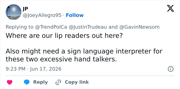 Screenshot of a tweet asking for lip readers for Gavin Newsom and Justin Trudeau at World Cup. Screenshot of a tweet asking for lip readers for Gavin Newsom and Justin Trudeau at World Cup.