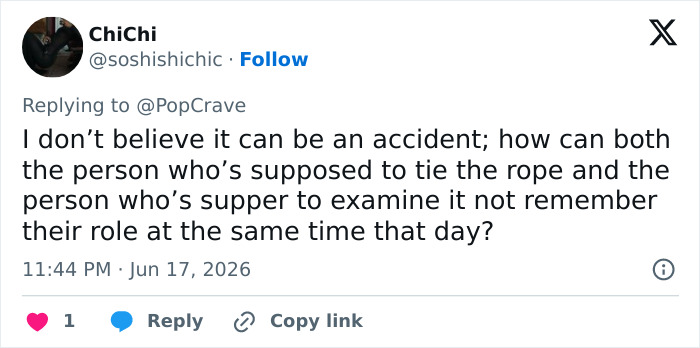 Screenshot of a tweet from ChiChi, @soshishichic, replying to @PopCrave, discussing the Rope Jumping Tragedy and claims. Screenshot of a tweet from ChiChi, @soshishichic, replying to @PopCrave, discussing the Rope Jumping Tragedy and claims.