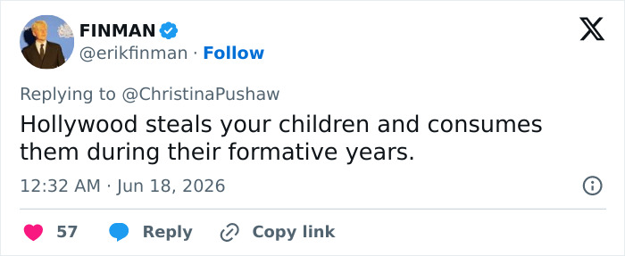 A tweet by FINMAN discussing Hollywood, children, and formative years, related to Lilo & Stitch actress.