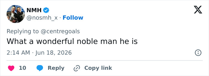 Tweet by NMH sarcastically praising the World Cup boss, underscoring the ongoing scandal. Tweet by NMH sarcastically praising the World Cup boss, underscoring the ongoing scandal.