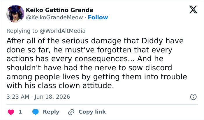 A tweet about Diddy and his actions. The tweet mentions Diddy and consequences related to his past.