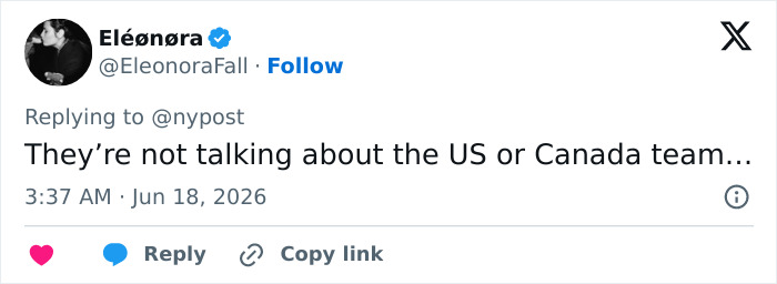 Twitter screenshot: Eléonora's tweet regarding Gavin Newsom, Justin Trudeau, and World Cup confessions. Twitter screenshot: Eléonora's tweet regarding Gavin Newsom, Justin Trudeau, and World Cup confessions.