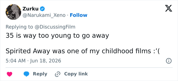 A tweet expressing sadness over the passing of Daveigh Chase, the Lilo & Stitch actress, and mentioning Spirited Away. A tweet expressing sadness over the passing of Daveigh Chase, the Lilo & Stitch actress, and mentioning Spirited Away.