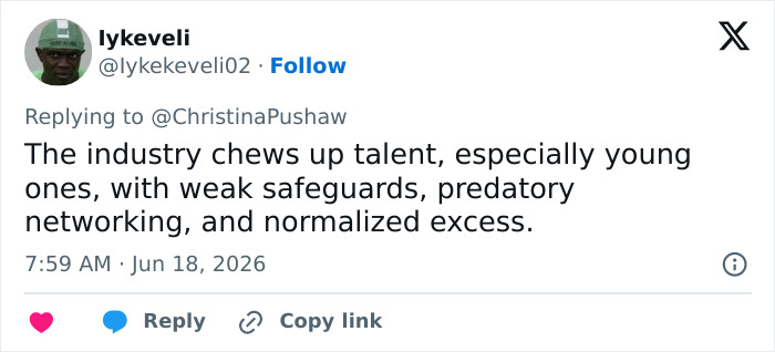 A social media post about the industry's troubling history with young talent, echoing the actress's tragic passing.