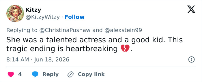 A tweet from Kitzy on June 18, 2026, about the Lilo & Stitch actress tragic passing.