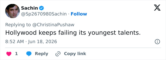 A social media post reading 'Hollywood keeps failing its youngest talents' related to the Lilo & Stitch actress.