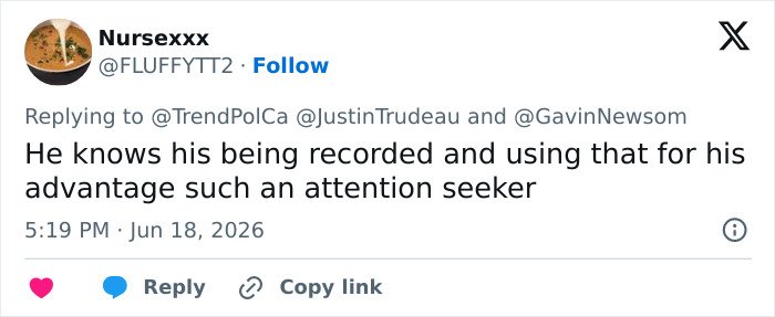 Screenshot of a tweet about Gavin Newsom and Justin Trudeau being recorded at World Cup. Screenshot of a tweet about Gavin Newsom and Justin Trudeau being recorded at World Cup.