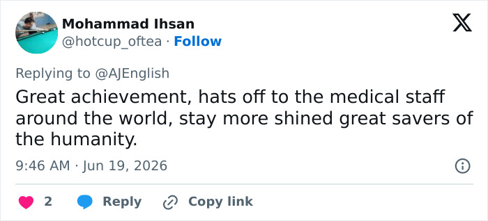 A tweet praising the medical staff for the successful separation of 2-year-old conjoined twins. A tweet praising the medical staff for the successful separation of 2-year-old conjoined twins.