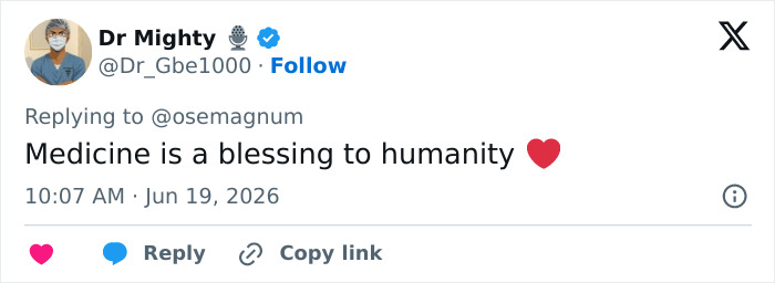 A Twitter post from Dr Mighty stating that medicine is a blessing to humanity, relevant to conjoined twins' separation. A Twitter post from Dr Mighty stating that medicine is a blessing to humanity, relevant to conjoined twins' separation.