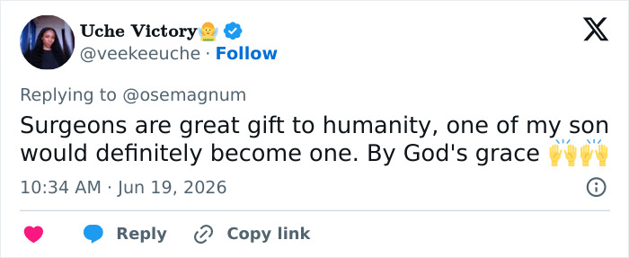 A Twitter post from Uche Victory praising surgeons as a gift to humanity for successfully separating conjoined twins. A Twitter post from Uche Victory praising surgeons as a gift to humanity for successfully separating conjoined twins.