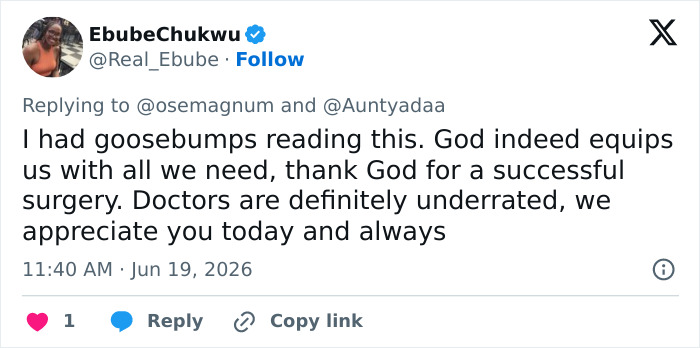 A Twitter post from EbubeChukwu appreciating doctors and a successful surgery for separating conjoined twins. A Twitter post from EbubeChukwu appreciating doctors and a successful surgery for separating conjoined twins.