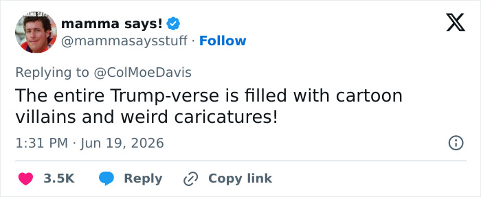 A social media post by @mammasaysstuff commenting on Trump-verse characters after the Reflecting Pool renovation news.