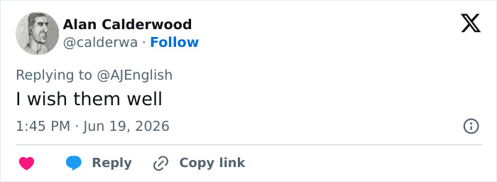 A Twitter post from Alan Calderwood expressing well wishes for the conjoined twins after their separation surgery. A Twitter post from Alan Calderwood expressing well wishes for the conjoined twins after their separation surgery.
