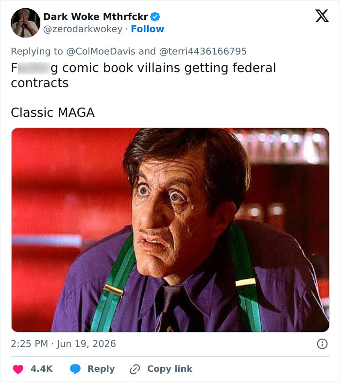 A social media post featuring a meme image of a man with a surprised expression in a purple shirt and green suspenders, related to the guy Trump hired to renovate the Reflecting Pool.