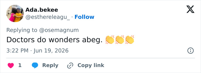 A social media post with the comment Doctors do wonders abeg, celebrating successful conjoined twins surgery. A social media post with the comment Doctors do wonders abeg, celebrating successful conjoined twins surgery.