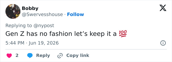 A social media post questioning Gen Z fashion trends, discussing a fashion trend.