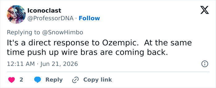 A social media post discussing the return of push up wire bras as a fashion trend.