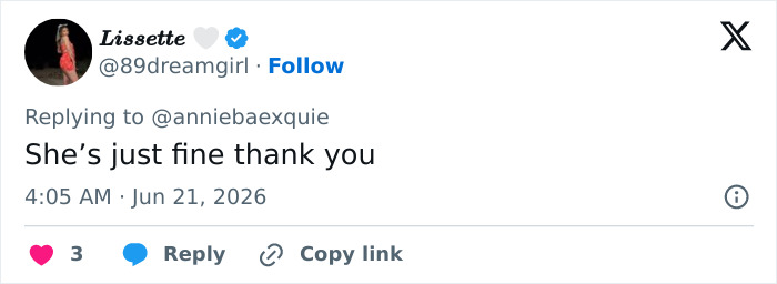 A tweet from Lissette responding to the concern about Ariana Grande's viral tour video.