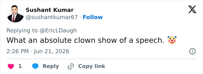 A tweet from Sushant Kumar calling it an absolute clown show of a speech, about JD Vance and Usha Vance's marriage. A tweet from Sushant Kumar calling it an absolute clown show of a speech, about JD Vance and Usha Vance's marriage.