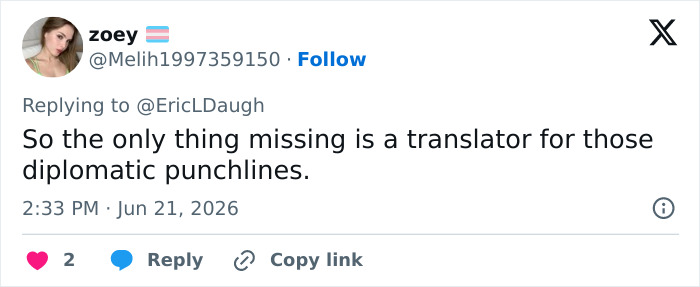 A social media post from 'zoey' commenting on diplomatic punchlines and JD Vance's marriage. A social media post from 'zoey' commenting on diplomatic punchlines and JD Vance's marriage.