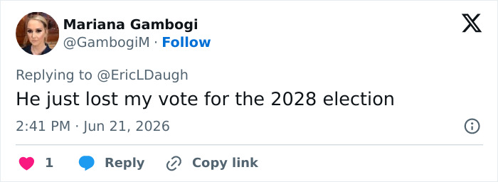 A tweet by Mariana Gambogi about JD Vance and his marriage, stating the poster lost their vote for the 2028 election. A tweet by Mariana Gambogi about JD Vance and his marriage, stating the poster lost their vote for the 2028 election.