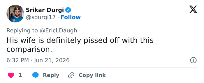 A social media post expressing anger about the comparison related to JD Vance's wife. A social media post expressing anger about the comparison related to JD Vance's wife.