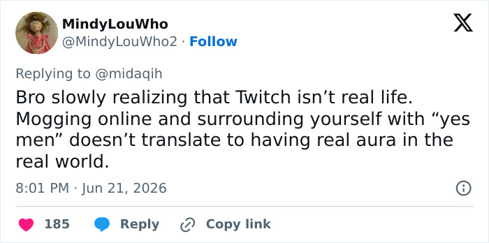 A social media comment from MindyLouWho discussing a looksmaxxer clavicular's sad admission and real-world aura. A social media comment from MindyLouWho discussing a looksmaxxer clavicular's sad admission and real-world aura.