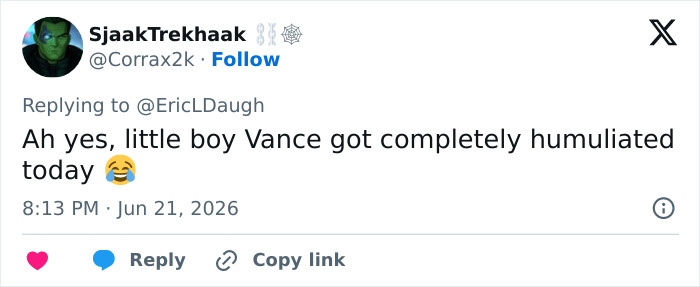 A tweet saying Vance got completely humiliated today, in reference to JD Vance and Usha Vance's marriage confession. A tweet saying Vance got completely humiliated today, in reference to JD Vance and Usha Vance's marriage confession.