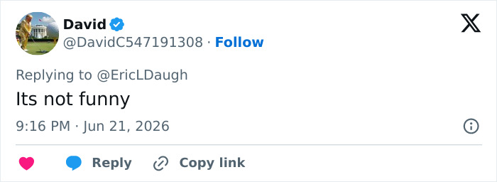 A tweet stating Its not funny, relating to JD Vance and wife Usha Vance's marriage confession. A tweet stating Its not funny, relating to JD Vance and wife Usha Vance's marriage confession.