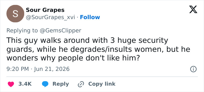 A social media post from Sour Grapes about Looksmaxxer Clavicular being rejected in Paris for degrading women. A social media post from Sour Grapes about Looksmaxxer Clavicular being rejected in Paris for degrading women.