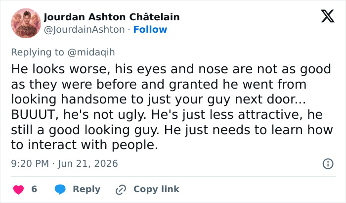 A social media comment from Jourdan Ashton Chatelain about a looksmaxxer clavicular making a sad admission. A social media comment from Jourdan Ashton Chatelain about a looksmaxxer clavicular making a sad admission.