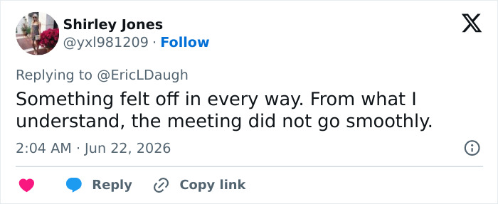 A tweet by Shirley Jones discussing JD Vance's marriage, noting something felt off and a meeting did not go smoothly. A tweet by Shirley Jones discussing JD Vance's marriage, noting something felt off and a meeting did not go smoothly.
