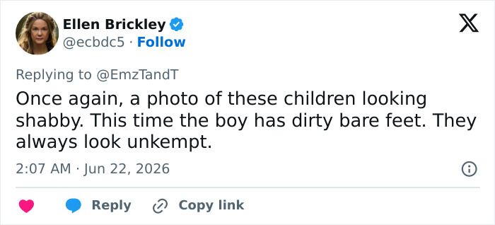 A tweet from Ellen Brickley commenting on Meghan Markle's kids looking shabby, sparking concern for Lilibet's item. A tweet from Ellen Brickley commenting on Meghan Markle's kids looking shabby, sparking concern for Lilibet's item.