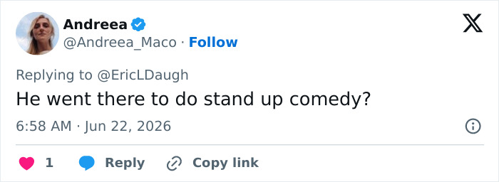 A social media post from 'Andreea' questioning if JD Vance went for stand-up comedy, related to his marriage. A social media post from 'Andreea' questioning if JD Vance went for stand-up comedy, related to his marriage.