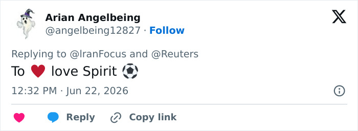 Screenshot of a tweet from Arian Angelbeing with a heart and soccer ball emoji, showing love for the Iran World Cup locker room note.