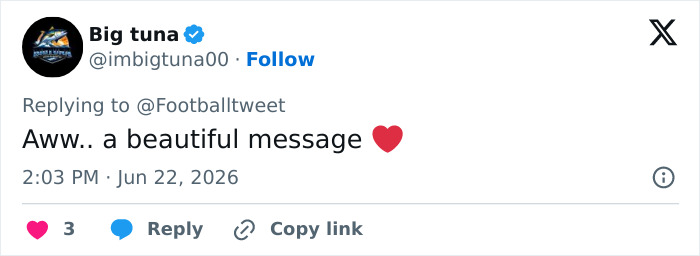 Screenshot of a tweet from Big tuna, saying Aww.. a beautiful message about the Iran World Cup locker room note.