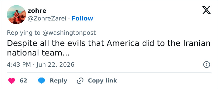 Screenshot of a tweet from Zohre criticizing America's actions towards the Iranian national team.