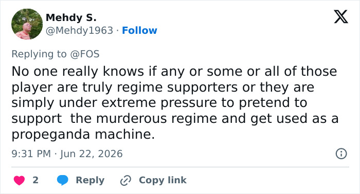 Screenshot of a tweet from Mehdy S. about the Iran World Cup locker room note, questioning player support for the regime.