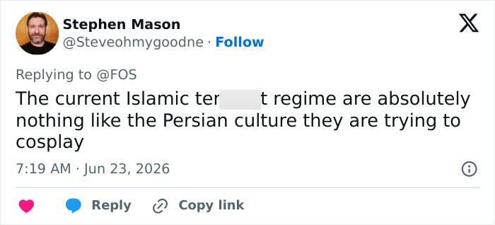 Screenshot of a tweet from Stephen Mason discussing the Iranian regime and Persian culture, regarding the Iran World Cup team.