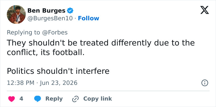 Screenshot of a tweet from Ben Burges stating politics shouldn't interfere with football and the Iran World Cup team.