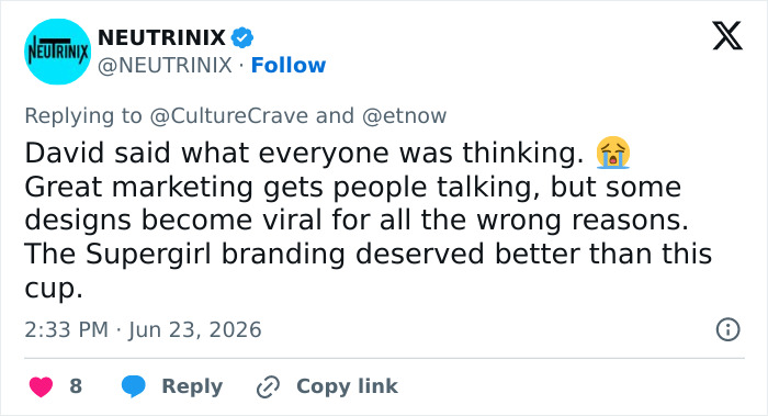 A social media post about the 'Supergirl' movie souvenir, criticizing the design and its impact.