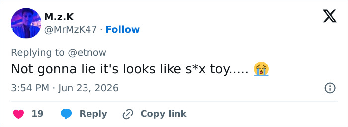 A social media post from M.z.K on Jun 23, 2026, saying Not gonna lie it's looks like s*x toy..... 😭 about Supergirl movie souvenir.