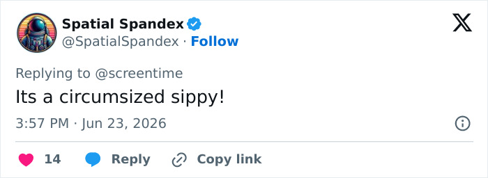 Tweet by Spatial Spandex calling the movie souvenir a "circumcised sippy" for Supergirl fans.