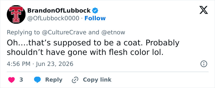 A tweet from BrandonOfLubbock saying, That's supposed to be a coat? Disturbing Supergirl movie souvenir flesh color.