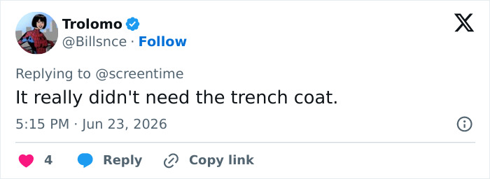 A social media post from Trolomo on Jun 23, 2026, commenting It really didn't need the trench coat about Supergirl movie souvenir.