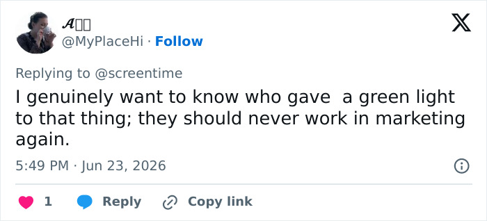 Tweet by A saying someone should never work in marketing again for approving the movie souvenir for Supergirl fans.