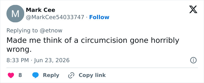 A tweet from Mark Cee saying, Made me think of a circumcision gone horribly wrong regarding the disturbing Supergirl movie souvenir.