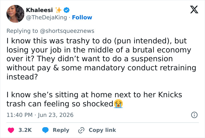 A social media post about the JPMorgan exec losing her job over the stolen Knicks trashcan, questioning the severity. A social media post about the JPMorgan exec losing her job over the stolen Knicks trashcan, questioning the severity.