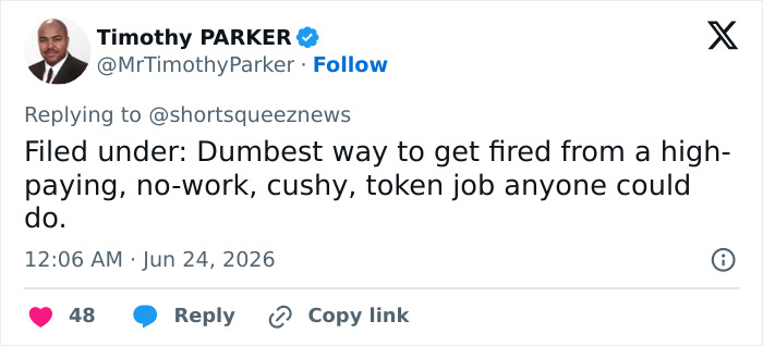 A tweet from Timothy PARKER about the JPMorgan exec stealing a Knicks trashcan, calling it a dumb way to get fired. A tweet from Timothy PARKER about the JPMorgan exec stealing a Knicks trashcan, calling it a dumb way to get fired.